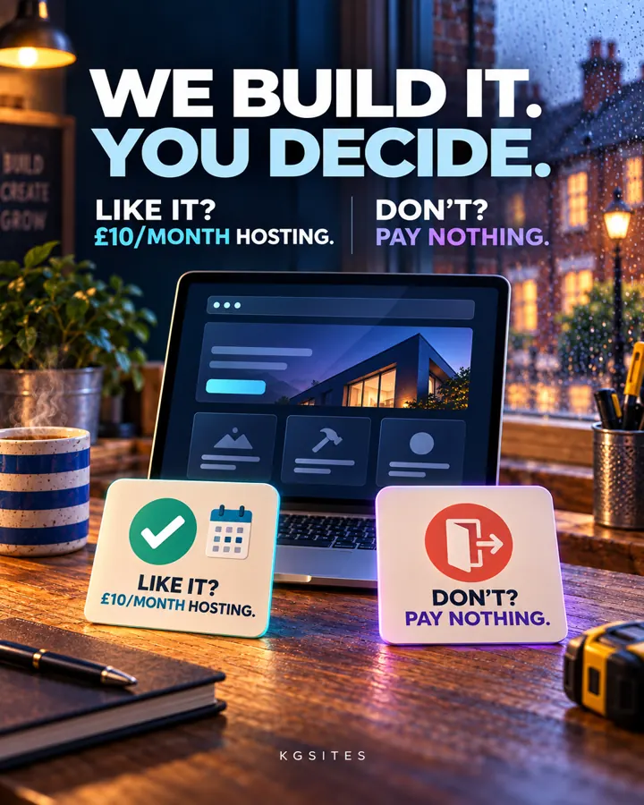 KGSITES campaign graphic showing a completed homepage and a choice to launch it or pay nothing